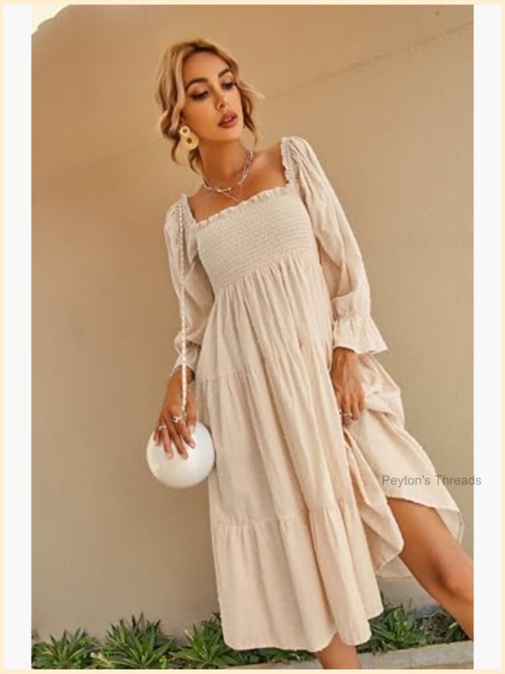Women's Cotton Puff Sleeve Off-Shoulder Bow Midi Dress - Picture 5 of 7